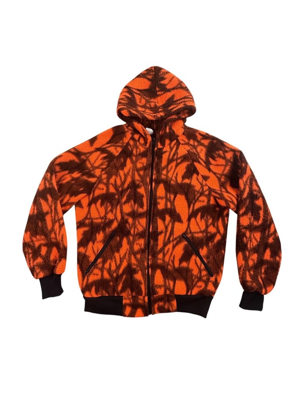 Vintage Cabela's Jacket Mens Medium Orange Camo Fleece Hooded Full Zip Made USA